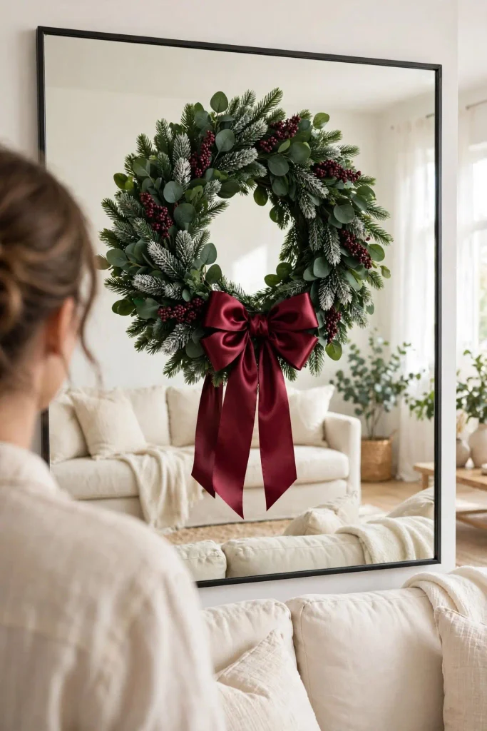 Oversized Christmas wreath with faux greenery berries and burgundy satin bow over mirror showing Christmas home decor ideas living room wreath styling.