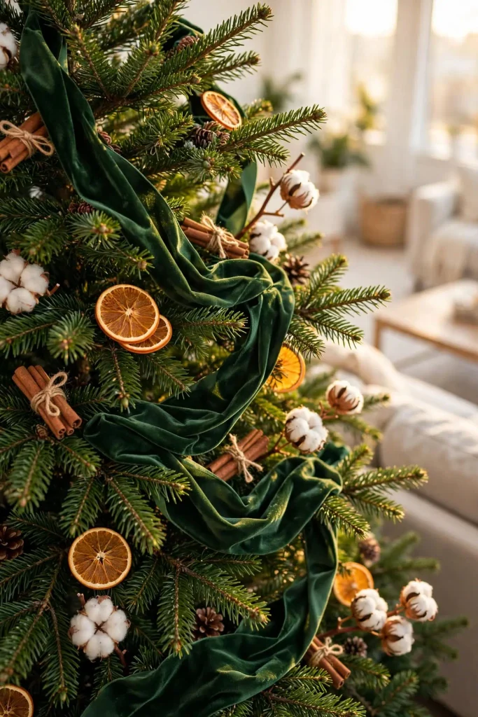 Christmas tree with deep green velvet ribbon and dried orange slices showing Christmas home decor ideas living room tree styling.