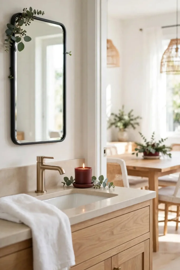 Bathroom with Christmas home decor ideas featuring eucalyptus sprig and burgundy candle