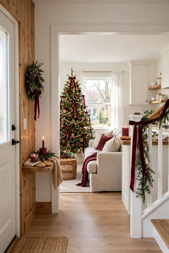 Entryway with Christmas home decor ideas flowing into living room with matching burgundy palette