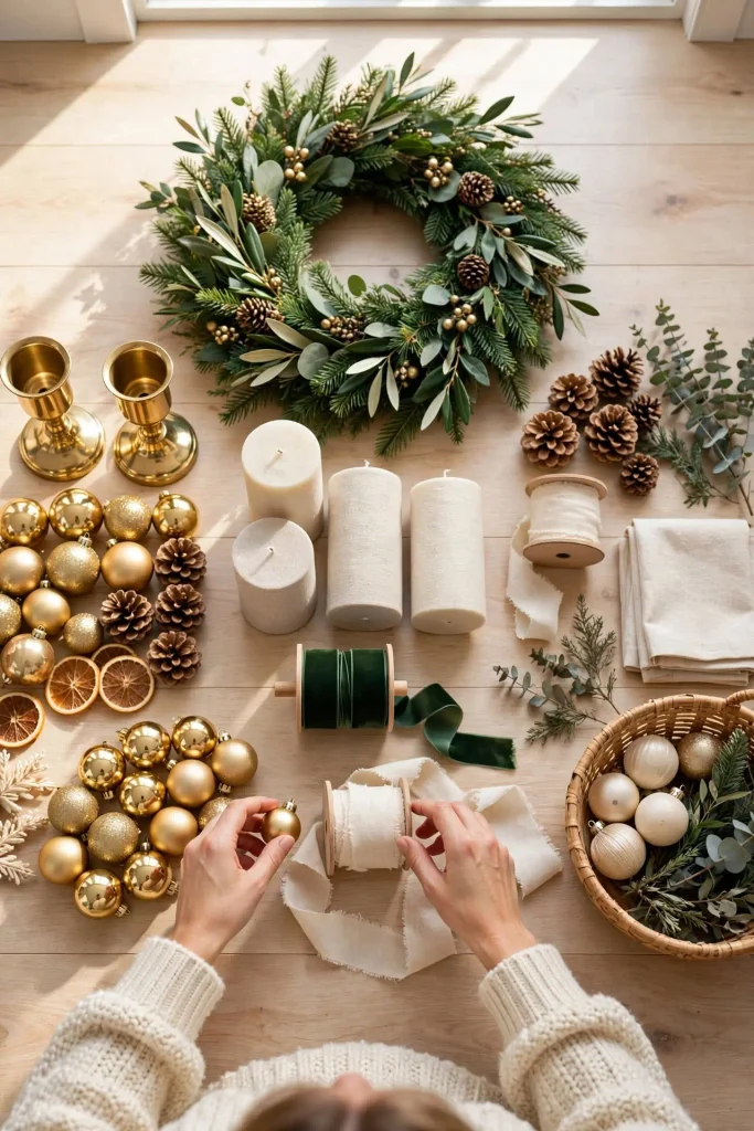 Smart shopping for Christmas home decor ideas laid out on floor with brass holders and linen candles