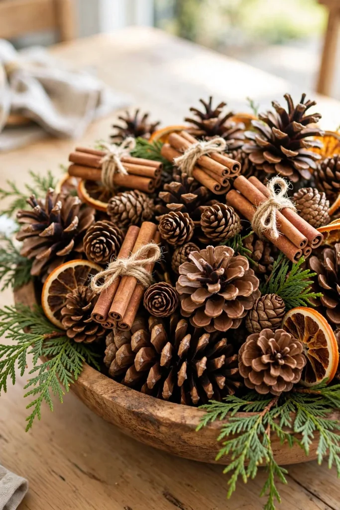 Wooden bowl centerpiece with pinecones, twine-tied cinnamon bundles and dried orange slices for DIY Christmas home decor.