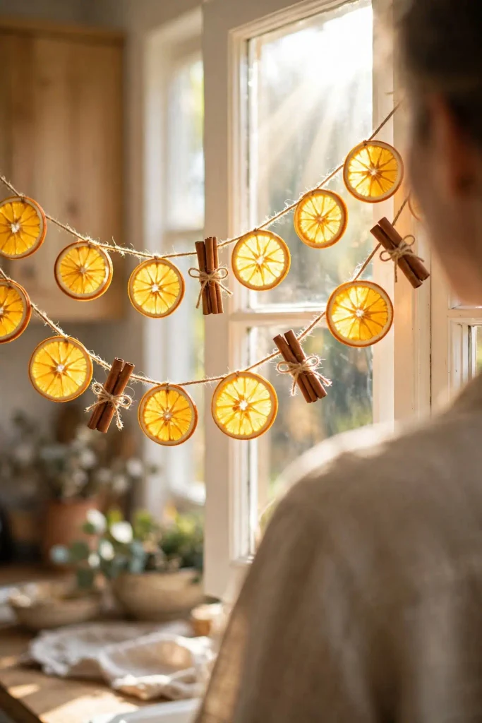 Translucent dried orange slices on twine garland with cinnamon bundles showing DIY Christmas home decor idea.