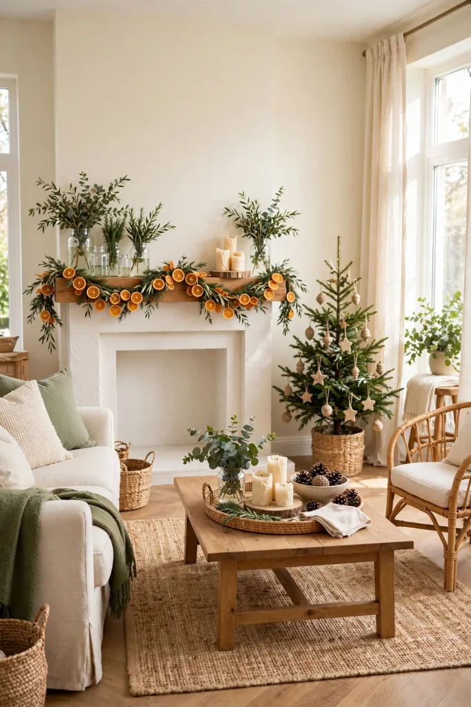 Final styled living room combining orange garland greenery and parchment candles for diy Christmas home decor.