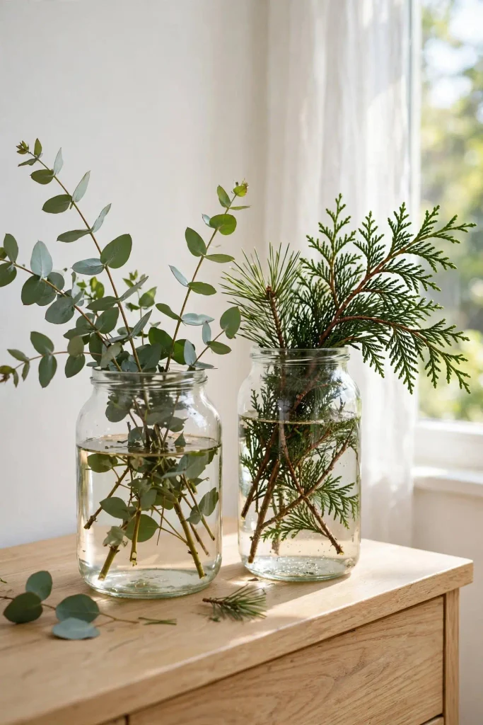 Clear glass jars with loose cedar and eucalyptus branches showing stems for diy Christmas home decor.