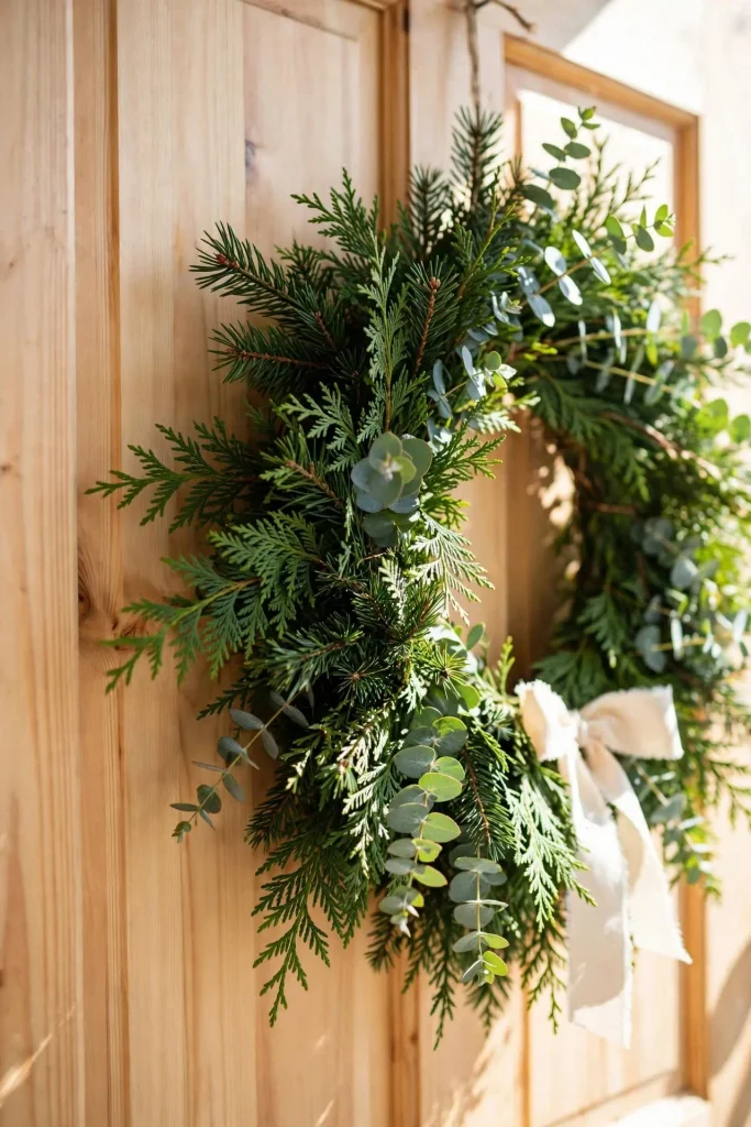 Fresh cedar and eucalyptus foraged wreath with cream ribbon bow for DIY Christmas home decor.