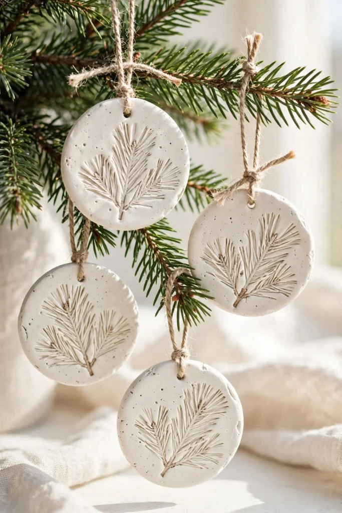 Handmade white clay ornaments with pressed pine texture and linen twine for diy Christmas home decor.