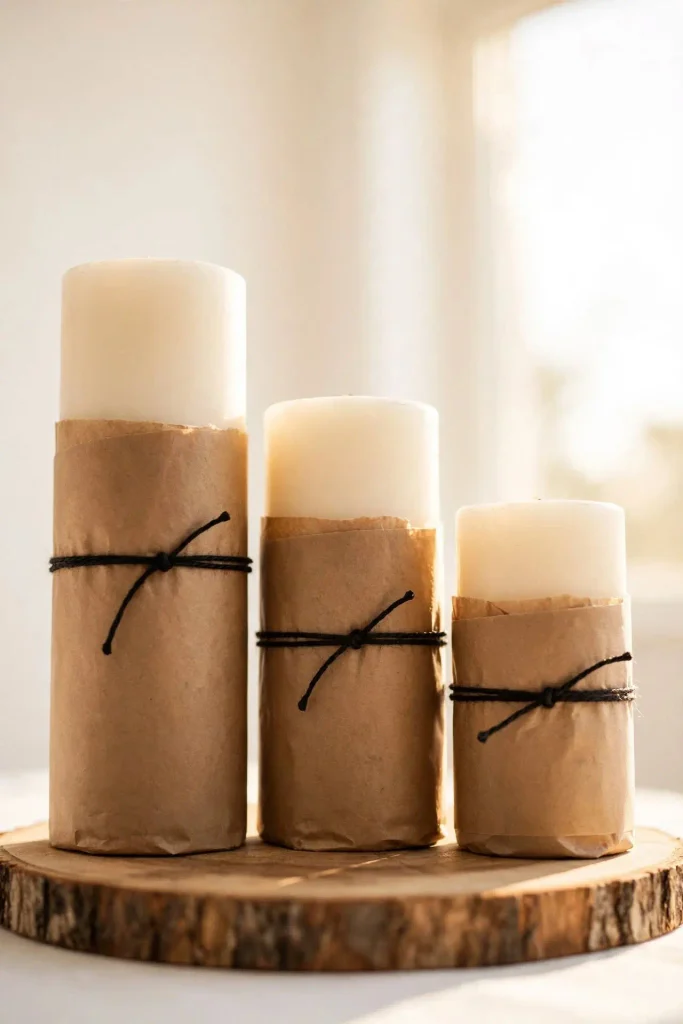 Three parchment-wrapped pillar candles with black twine on wood slice for DIY Christmas home decor.