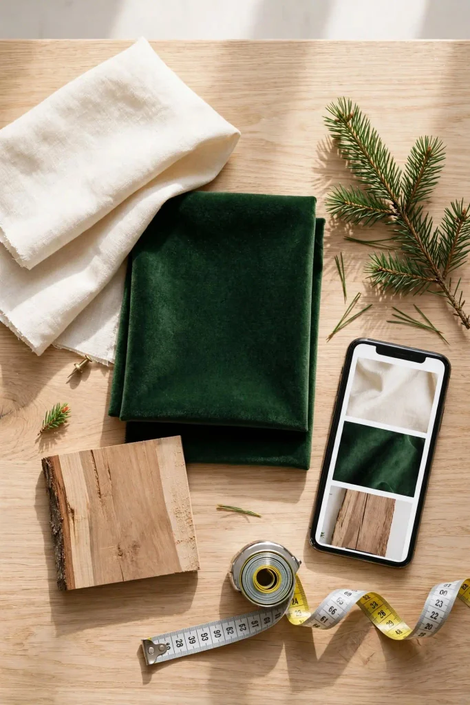 Flat lay planning cream and green fabric swatches with wood sample for DIY Christmas home decor palette.