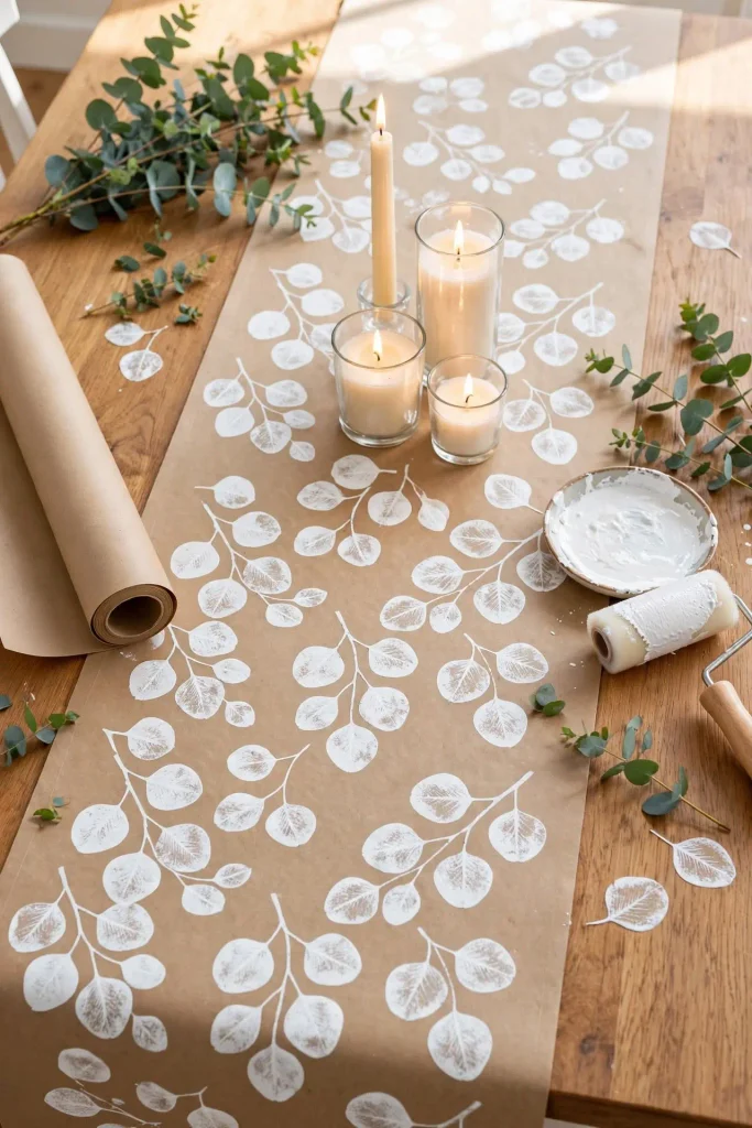 Handmade kraft paper table runner stamped with white eucalyptus leaves for DIY Christmas home decor.