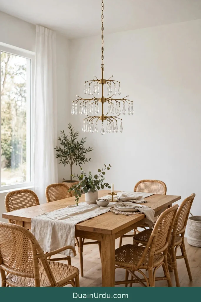 Brass tiered chandelier positioned over dining table focal point for home decor ideas jhumar