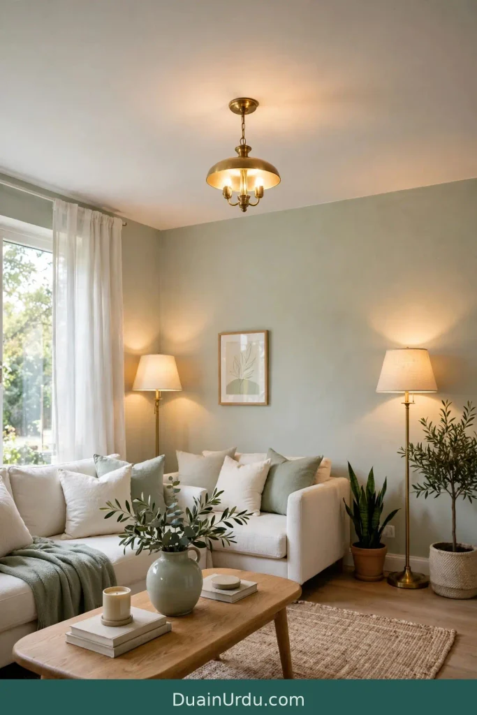 Sage walls and layered uplighting paired with jhumar for home decor ideas jhumar height illusion