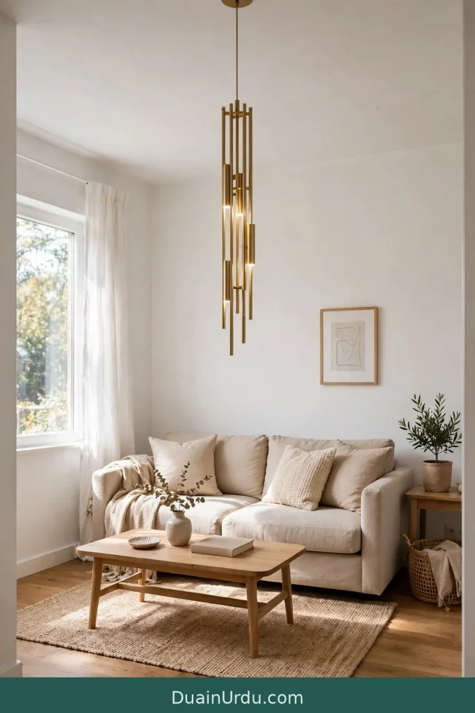 Vertical brass jhumar making low ceiling look taller in real living room home decor ideas jhumar