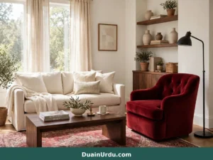 Bright living room with cream sofa and garnet velvet chair showing home decor ideas red anchored by dark wood