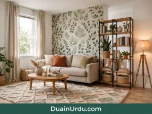 Stylish rental apartment with botanical wallpaper, rug, and lamps showing home decor ideas rental
