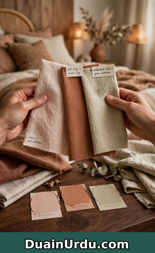 Hands holding warm linen and soft clay fabric swatches with undertones showing home decor ideas zen color palette