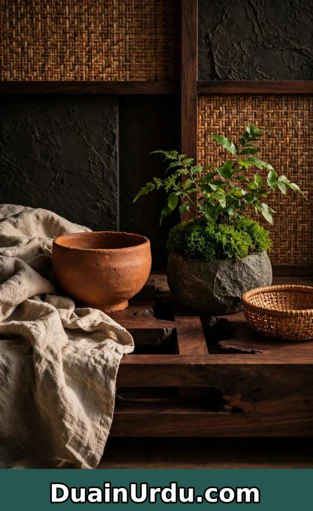 Close up of zen core principles with natural materials wood linen stone rattan showing home decor ideas zen