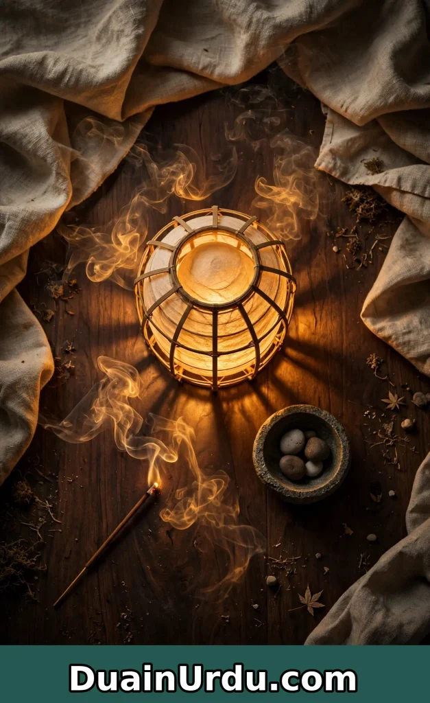 Top down view of glowing rice paper lantern with incense smoke and stone bowl showing home decor ideas zen lighting scent and sound