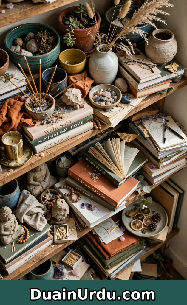 Overcrowded shelf with too many zen pieces crammed together showing mistakes that kill home decor ideas zen vibe