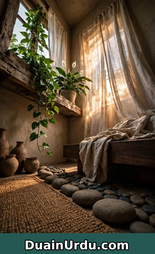Low floor angle zen corner with river stones jute rug linen throw and trailing pothos plants showing home decor ideas zen natural materials