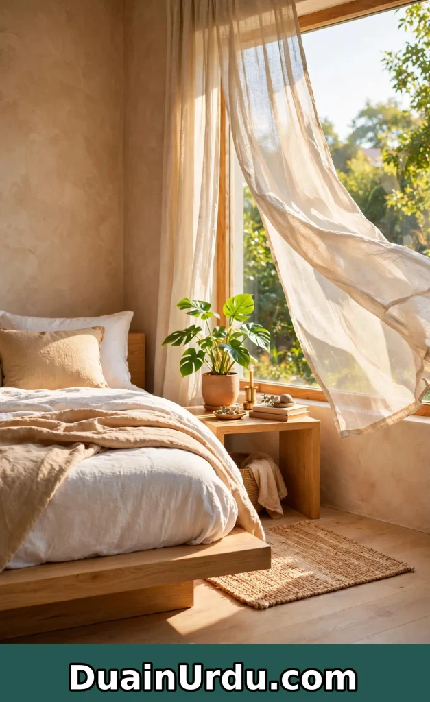 Bright sunlit zen bedroom with low platform bed and sheer curtains blowing showing home decor ideas zen room by room