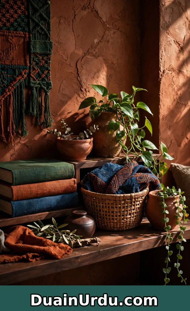Rich layered zen corner with plants, textiles, books and terracotta pots showing what home decor ideas zen means in Western homes