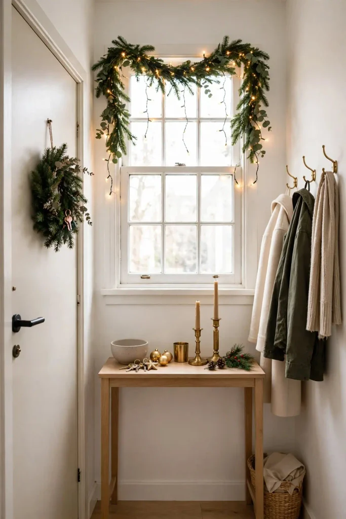 Entry with garland over window and wreath on door for small apartment Christmas decor