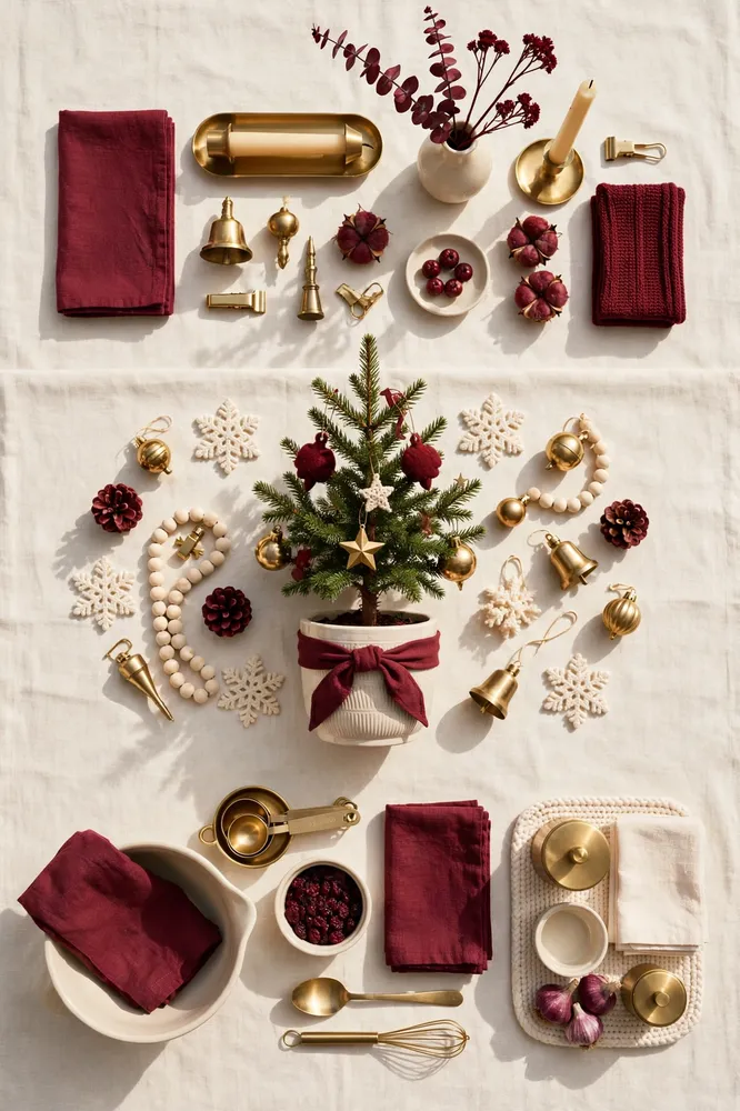 Use a Single Cohesive Color Palette to Make Small Rooms Look Designed, Not Cluttered: Flat lay of burgundy cream and brass decor pieces showing cohesive color palette for mobile home Christmas decor