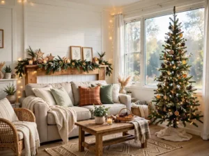 Mobile home Christmas decor gets harder to figure out when every magazine you open shows a sprawling open-plan living room with a nine-foot tree and a grand staircase draped in garland — none of which exists in your home. I’ve seen this frustration up close. Homeowners with genuinely beautiful mobile homes feel stuck every December, convinced their space is too small to feel special, and that’s just not true. I put this guide together because small spaces deserve a real strategy, not leftover advice scaled down from a McMansion playbook. Inside, you’ll find nine specific tricks for decorating a mobile home at Christmas — things like working with low ceilings instead of fighting them, layering light so rooms feel warm and deep, and using one tight color palette to make everything look intentional rather than crowded. By the end, I think you’ll actually feel excited about what your space can do. How to Plan Mobile Home Christmas Decor So Every Inch Feels Intentional Planning is the part most people skip. They buy a wreath, grab some ribbon at Target, and wonder why the whole thing feels chaotic by December 15th. The issue isn’t the decorations. It’s the lack of a plan before anything goes in the cart. Mobile home christmas decor works best when you treat every surface as a deliberate choice, not a landing spot. I tell homeowners to walk through their space with their phone and photograph every area they’re tempted to decorate. Then cut that list by half. I learned this the hard way in a 980-square-foot double-wide. I over-decorated three rooms, and the whole home felt like a gift shop that exploded. The moment I pulled things back to three anchor zones — the front window, the mantel, and the kitchen counter — it finally looked curated instead of cluttered. Sound familiar? You’re not alone. Most small-space decorating struggles come from adding more when the real fix is editing down. That’s where small home Christmas tricks around strategic placement genuinely change things — working with your layout instead of pretending you have square footage you don’t. Pick your anchor zones first. Then choose a palette — two colors max, one metallic accent. Everything else has to earn its spot. Quick tip: Tape a sticky note to your front door that lists your palette before you shop, so impulse buys don’t derail the whole look. 1. Use a Slim or Pencil Tree That Commands Attention Without Eating the Room A full-size tree in a mobile home living room doesn’t just look big — it swallows the whole space and leaves you squeezing around it every time you walk through. I recommend pencil trees in the 6-foot range for most mobile home layouts. Slim profile, full height, zero footprint problem. You still get that vertical drama without losing half your floor. Here’s the thing most people miss: height actually works in your favor in a low-ceilinged room. A tall, narrow tree draws the eye up and makes the ceiling feel higher than it is. I styled a 72-inch pencil tree in a single-wide living room once — the whole room looked like Christmas decor that looks expensive rather than cramped, mostly because the tree wasn’t fighting the furniture for attention. Placement matters just as much as size. Tuck the tree into a corner near a window so natural light hits it during the day and the glass reflects your lights at night. Double the glow, no extra effort. For mobile home christmas decor, keep your ornaments to one size — mixing large and small on a pencil tree makes it look chaotic fast. Stick with medium bulbs in your two palette colors and let the shape do the work. Pro tip: A simple white tree skirt reads cleaner than a ruffled one in a tight space — less visual noise at floor level. 2. Layer Warm Lighting at Three Heights to Create Depth a Bigger House Can’t Fake Lighting is the most underused tool in mobile home christmas decor, and it costs almost nothing to get right. Here’s what I mean by three heights: something low near the floor, something mid-level on surfaces, and something overhead or at eye level. That combination creates visual depth a single strand of lights on a tree just can’t. I tried this in a client’s narrow single-wide a few years ago. She had one overhead fixture, one tree, and the room felt flat — like a photo with no shadows. We added battery-operated tea lights tucked into a tray on the coffee table and a strand of warm white lights draped across the window frame about six feet up. The room suddenly had dimension. Totally different space. Same furniture, same square footage. The key is warm white only — 2700K to 3000K if you’re shopping online. Cool white LEDs make a small room feel clinical, not cozy. Warm tones bounce off walls and make the whole space glow instead of just lighting up. For mobile home christmas decor specifically, skip floor lamps if your layout is tight. Instead, lean battery-powered pillar candles against a baseboard cluster near the hearth or TV stand — that low flicker anchors the room without stealing walkway space. The mid-level is easy: a small lighted garland across a shelf or mantel handles it in under five minutes. Quick tip: Plug everything into one smart outlet timer so all three levels turn on at once — no running around flipping switches when guests arrive. 3. Turn Your Low Ceilings Into a Feature With a Cascading Garland Canopy Low ceilings feel like a limitation until you stop treating them that way. Here’s the shift: instead of trying to make ceilings look taller with vertical tricks, lean into what you actually have. A low ceiling is basically a built-in frame — and a cascading garland canopy turns that frame into the most dramatic thing in the room. I did this in a 1,100-square-foot manufactured home two Christmases ago. The living room ceiling sat at about 7’6″ — not terrible, but low enough that a chandelier wasn’t happening. We ran three strands of eucalyptus-and-pine garland from the center of the ceiling outward to the walls, like spokes on a wheel, with warm white micro-lights woven in. Took under an hour. The effect looked like something out of a boutique hotel lobby. The owner told me she’d spent years apologizing for that ceiling. After one afternoon, she was showing it off. For mobile home christmas decor, lightweight faux garland is the smarter call — real greenery gets heavy fast, and ceiling anchor points in manufactured homes aren’t always load-bearing. Use 3M Command hooks rated for at least 3 pounds each, spaced no more than 18 inches apart along each strand. Keep the garland simple. One texture, one type of light. The ceiling canopy is the statement — it doesn’t need competition from below. Quick tip: Mirror the canopy colors in one small element at eye level, like a matching wreath or tabletop sprig, so the whole room feels connected rather than top-heavy. 4. Double Every Surface’s Job With Decorations That Are Also Functional Every surface in a mobile home is doing double duty whether you planned it or not. The coffee table holds remotes. The kitchen counter catches mail. The only question is whether your Christmas decor adds to that load or pulls its weight alongside it. I always tell homeowners: swap, don’t stack. Instead of placing a decorative bowl next to the fruit bowl, replace the fruit bowl with one that’s red or green ceramic — same function, seasonal feel, zero extra clutter. The same logic works everywhere. Candles in a tray: Replace your everyday centerpiece with pillar candles grouped on a wooden tray — it still anchors the table, but now it’s also your Christmas moment. A plaid throw: Switch out your regular couch blanket for a buffalo check one in your palette colors. Functional, warm, instantly seasonal. Advent calendar on the fridge: Magnetic ones stick right to the door — no counter space lost, something to look at every morning. One client had a tiny entryway — maybe four feet wide — and insisted she had nowhere to put holiday decor. We swapped her plain umbrella stand for a galvanized bucket filled with cinnamon-scented pinecones. Greeted every guest, smelled amazing, held her umbrellas just fine. That’s the whole idea with mobile home christmas decor: nothing gets to just sit there looking pretty. Give everything a job and the space stays functional without feeling stripped-down. Quick tip: Scented functional swaps — like a cinnamon broom near the door — do twice the work because they hit two senses at once. 5. Anchor Your Mobile Home Christmas Decor Outside With One Bold Focal Point Outside is where first impressions happen — and most mobile home owners completely ignore it. I get it. It feels easier to focus inside where you control the space. But one strong outdoor moment does something the interior can’t: it sets the expectation before anyone even walks through your door. The mistake I see constantly? People scatter. A few candy canes in the yard, some garland on the railing, a wreath on the door — none of it talking to the other. The result looks like the decorations escaped from three different houses. So what actually works? Pick one focal point and commit everything to it. For most mobile homes, that’s the front door area — porch steps, door, and the immediate surround treated as a single unit. I styled one last December using just a 24-inch wreath with a wide burgundy ribbon, two matching pre-lit potted topiaries flanking the steps, and a woven doormat. Under $80 total. It was the kind of outdoor decor guests notice before they’ve even parked. That’s the whole point. Depth beats spread every time in a small exterior space. For mobile home christmas decor that actually lands outside, skip inflatables. They eat visual space and fight your focal point. A single well-lit arrangement near the entrance reads more polished — and holds up better in December wind. Quick tip: Zip-tie your outdoor wreath to the door rather than hanging it on a hook — mobile home doors flex in cold weather and hooks slip more than you’d expect. 6. Use a Single Cohesive Color Palette to Make Small Rooms Look Designed, Not Cluttered Two colors. That’s the rule I give every mobile home owner who asks me where to start. Not five. Not “whatever felt festive at HomeGoods.” Two base colors, one metallic accent, and everything in the cart has to match or it stays on the shelf. I ignored this once — completely — in a 1,050-square-foot manufactured home. Red ribbon, green garland, gold ornaments, silver candleholders, a blue plaid throw I loved. The room looked like a holiday clearance bin. Not cozy. Just loud. Pulled it all back to burgundy and cream with brass accents. Same furniture, same square footage. Completely different feeling — calm, warm, like someone had actually made decisions on purpose. That shift is exactly what a tight color palette for small rooms does: it tricks the eye into seeing the space as bigger because there’s nothing competing for attention. For mobile home christmas decor, I recommend choosing your palette from something already in the room — a rug color, a throw pillow, even the wall paint. That way the decorations feel like they belong rather than landed from somewhere else. Repeat each color at least three times across different zones. Once on the mantel, once near the tree, once in the kitchen or entry. That repetition is what makes a small space look intentionally designed, not just decorated. Quick tip: Photograph your palette choices together on your phone before you buy — colors that match in-store often clash under home lighting. 7. Hack Your Windows With Frosted Film and Fairy Lights for a Storybook Effect Windows are doing nothing for most mobile home christmas decor setups. Just glass, maybe a plain curtain, completely wasted. Here’s the fix: frosted window film plus a strand of warm fairy lights tucked behind a sheer curtain creates a glow that looks like something out of a Christmas village — from both inside and outside the house. I tried this in a narrow single-wide where the front window faced the street. Applied a $12 roll of static-cling frosted film to the bottom half of the glass, then pressed a strand of warm white fairy lights into the curtain rod channel behind a white sheer panel. At night, the whole window pulsed soft and warm. Neighbors actually asked about it. The frosted film does two things at once. It softens harsh street light coming in during the day and gives the fairy lights something to diffuse against at night — so you get a glow instead of a glare. For placement, the same window decor designer tricks that work year-round apply here — hanging your curtain rod higher and wider than the frame instantly makes the window feel larger, which matters in a compact room. Skip the suction-cup snowflakes. They peel by December 10th and look cheap against everything else you’ve built. Quick tip: Static-cling film peels off cleanly after the holidays — no residue, no damage to the glass. 8. Create a Fireplace Moment Even Without One Using a Mantel-Style Shelf Display No fireplace doesn’t mean no fireplace moment. I’ve set up mantel-style displays in mobile homes a dozen times, and most guests never realize there’s no actual hearth behind it. The trick is finding a flat horizontal surface at roughly chest height — a long console table, a floating shelf, even the top of a low bookcase — and treating it exactly like a traditional mantel. I did this in a 1,040-square-foot single-wide last Christmas. The homeowner had a slim console table against her main wall, maybe 48 inches wide. We styled it with a short faux garland, three pillar candles in varying heights, and a small framed print tucked behind. In front, battery-operated flickering candles on the floor beneath it. The whole thing read like a fireplace from across the room. The principles behind styling a mantel display carry directly into this setup — odd numbers, varying heights, one anchor piece in the center with smaller items stepping down on each side. For mobile home christmas decor, keep the surface no more than two-thirds full. Crowding it kills the effect. You want breathing room between objects so the eye can actually land somewhere. Add a simple string of warm lights just behind the objects, tucked against the wall. That backlight mimics the glow of a real fire without burning anything down. Quick tip: A large mirror or simple artwork hung directly above the console doubles the visual height and makes the whole arrangement feel anchored, not floating. 9. Bring in Natural Textures — Pine, Birch, and Linen — to Add Richness on a Small Budget Natural materials cost almost nothing and fix one of the biggest problems in mobile home christmas decor — that flat, plastic-y look that makes even nice decorations feel cheap. Pine cones. Birch logs. A linen table runner. A bundle of cinnamon sticks tied with twine. These things bring texture and warmth that no shiny ornament can fake, and most of them cost under $5 at a craft store or literally nothing from your backyard. I leaned hard into this one December when my budget was genuinely tight — maybe $30 to work with. I grabbed a bag of pine cones, two small birch rounds from a neighbor’s wood pile, and a bolt of burlap ribbon. Arranged on a tray with three white pillar candles, it looked warmer than setups I’d spent ten times more on. That’s exactly what natural decor on a budget does well — it layers visual richness without adding visual noise, which matters enormously when your rooms are compact. For mobile home christmas decor, three textures is the sweet spot. Something rough: Pine cones, birch bark, or a jute-wrapped candle base Something soft: A linen throw, burlap ribbon, or a cotton stem arrangement Something that smells: Fresh cedar clippings, cinnamon sticks, or a balsam sprig near the entry The scent piece matters more than people expect. Smell hits before anyone looks at anything. Quick tip: Tuck a few drops of cedarwood essential oil onto a pine cone cluster — it holds the scent for weeks without a diffuser. Common Mistakes That Make Mobile Homes Feel Cramped at Christmas Instead of Cozy The mistakes I see repeated every December are so consistent I could predict them by October. Most of them fall under the same category of small space decor mistakes that show up year-round — just wrapped in tinsel. The biggest one? Over-lighting with cool white LEDs. People buy whatever’s on sale and end up with a room that looks like a convenience store at midnight. Cold, flat, zero warmth. Second worst: too many focal points. A wreath on the door, garland on every surface, a full tree, window clings, a tablescape — all fighting for attention at once. Nothing lands because everything is competing. I watched a homeowner spend three weekends on her mobile home christmas decor and still feel disappointed. Turned out she had decorations in seven different zones across 960 square feet. Edited it down to three. She cried a little. In a good way. Here’s what the cramped feeling actually comes from — it’s almost never square footage. It’s visual clutter at eye level. Too many objects between 3 and 5 feet high creates a wall of stuff your brain can’t rest on. A few other mistakes worth skipping fast: Matching everything too precisely — coordinated sets look staged, not warm Skipping the entry entirely — the first six feet of your home set the whole tone Ignoring scent — a room can look perfect and still feel wrong if it smells like nothing Fix the clutter first. The cozy follows on its own. Final Thoughts: Why Small Spaces Actually Win at Christmas Small spaces don't lose at Christmas. They just require a different approach — and once you figure that out, they actually have an edge. I've decorated everything from 800-square-foot single-wides to 2,400-square-foot suburban houses. The smaller ones almost always feel warmer. Not in spite of the square footage. Because of it. Cozy is a proximity thing. When your tree, your candles, and your couch are all within ten feet of each other, the whole room wraps around you. That's something a big open-plan living room genuinely can't replicate, no matter how many living room Christmas ideas you pin. The nine tricks in this guide work because they lean into what small spaces do naturally — they compress warmth, reflect light, and make texture land harder. You're not fighting your home. You're using it. One thing I tell every homeowner who feels defeated about their mobile home christmas decor: stop comparing your space to someone else's square footage. The goal was never more room. It was more feeling. Three anchor zones. Two palette colors. Warm white light at three heights. That combination — even just those three things — transforms a compact space faster than any full room renovation would. Start with one section this weekend. Not everything at once. Pick your front window or your console table and do that one thing well. Momentum builds fast when the first spot actually looks right. Your home is enough. It always was.