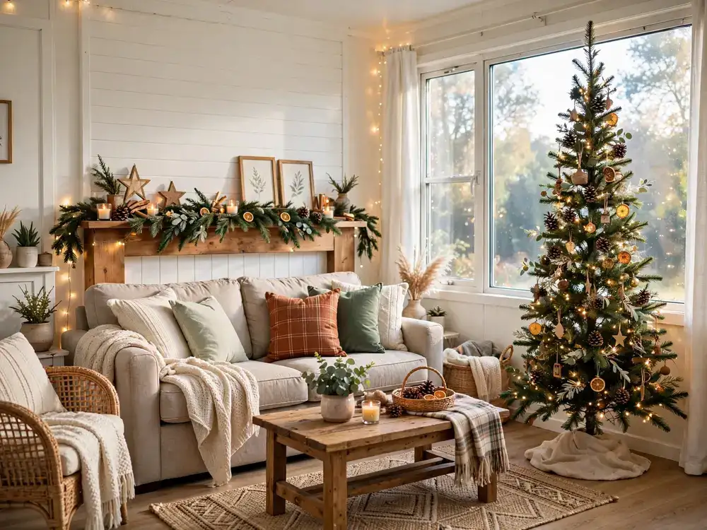 Mobile home Christmas decor gets harder to figure out when every magazine you open shows a sprawling open-plan living room with a nine-foot tree and a grand staircase draped in garland — none of which exists in your home. I’ve seen this frustration up close. Homeowners with genuinely beautiful mobile homes feel stuck every December, convinced their space is too small to feel special, and that’s just not true. I put this guide together because small spaces deserve a real strategy, not leftover advice scaled down from a McMansion playbook. Inside, you’ll find nine specific tricks for decorating a mobile home at Christmas — things like working with low ceilings instead of fighting them, layering light so rooms feel warm and deep, and using one tight color palette to make everything look intentional rather than crowded. By the end, I think you’ll actually feel excited about what your space can do. How to Plan Mobile Home Christmas Decor So Every Inch Feels Intentional Planning is the part most people skip. They buy a wreath, grab some ribbon at Target, and wonder why the whole thing feels chaotic by December 15th. The issue isn’t the decorations. It’s the lack of a plan before anything goes in the cart. Mobile home christmas decor works best when you treat every surface as a deliberate choice, not a landing spot. I tell homeowners to walk through their space with their phone and photograph every area they’re tempted to decorate. Then cut that list by half. I learned this the hard way in a 980-square-foot double-wide. I over-decorated three rooms, and the whole home felt like a gift shop that exploded. The moment I pulled things back to three anchor zones — the front window, the mantel, and the kitchen counter — it finally looked curated instead of cluttered. Sound familiar? You’re not alone. Most small-space decorating struggles come from adding more when the real fix is editing down. That’s where small home Christmas tricks around strategic placement genuinely change things — working with your layout instead of pretending you have square footage you don’t. Pick your anchor zones first. Then choose a palette — two colors max, one metallic accent. Everything else has to earn its spot. Quick tip: Tape a sticky note to your front door that lists your palette before you shop, so impulse buys don’t derail the whole look. 1. Use a Slim or Pencil Tree That Commands Attention Without Eating the Room A full-size tree in a mobile home living room doesn’t just look big — it swallows the whole space and leaves you squeezing around it every time you walk through. I recommend pencil trees in the 6-foot range for most mobile home layouts. Slim profile, full height, zero footprint problem. You still get that vertical drama without losing half your floor. Here’s the thing most people miss: height actually works in your favor in a low-ceilinged room. A tall, narrow tree draws the eye up and makes the ceiling feel higher than it is. I styled a 72-inch pencil tree in a single-wide living room once — the whole room looked like Christmas decor that looks expensive rather than cramped, mostly because the tree wasn’t fighting the furniture for attention. Placement matters just as much as size. Tuck the tree into a corner near a window so natural light hits it during the day and the glass reflects your lights at night. Double the glow, no extra effort. For mobile home christmas decor, keep your ornaments to one size — mixing large and small on a pencil tree makes it look chaotic fast. Stick with medium bulbs in your two palette colors and let the shape do the work. Pro tip: A simple white tree skirt reads cleaner than a ruffled one in a tight space — less visual noise at floor level. 2. Layer Warm Lighting at Three Heights to Create Depth a Bigger House Can’t Fake Lighting is the most underused tool in mobile home christmas decor, and it costs almost nothing to get right. Here’s what I mean by three heights: something low near the floor, something mid-level on surfaces, and something overhead or at eye level. That combination creates visual depth a single strand of lights on a tree just can’t. I tried this in a client’s narrow single-wide a few years ago. She had one overhead fixture, one tree, and the room felt flat — like a photo with no shadows. We added battery-operated tea lights tucked into a tray on the coffee table and a strand of warm white lights draped across the window frame about six feet up. The room suddenly had dimension. Totally different space. Same furniture, same square footage. The key is warm white only — 2700K to 3000K if you’re shopping online. Cool white LEDs make a small room feel clinical, not cozy. Warm tones bounce off walls and make the whole space glow instead of just lighting up. For mobile home christmas decor specifically, skip floor lamps if your layout is tight. Instead, lean battery-powered pillar candles against a baseboard cluster near the hearth or TV stand — that low flicker anchors the room without stealing walkway space. The mid-level is easy: a small lighted garland across a shelf or mantel handles it in under five minutes. Quick tip: Plug everything into one smart outlet timer so all three levels turn on at once — no running around flipping switches when guests arrive. 3. Turn Your Low Ceilings Into a Feature With a Cascading Garland Canopy Low ceilings feel like a limitation until you stop treating them that way. Here’s the shift: instead of trying to make ceilings look taller with vertical tricks, lean into what you actually have. A low ceiling is basically a built-in frame — and a cascading garland canopy turns that frame into the most dramatic thing in the room. I did this in a 1,100-square-foot manufactured home two Christmases ago. The living room ceiling sat at about 7’6″ — not terrible, but low enough that a chandelier wasn’t happening. We ran three strands of eucalyptus-and-pine garland from the center of the ceiling outward to the walls, like spokes on a wheel, with warm white micro-lights woven in. Took under an hour. The effect looked like something out of a boutique hotel lobby. The owner told me she’d spent years apologizing for that ceiling. After one afternoon, she was showing it off. For mobile home christmas decor, lightweight faux garland is the smarter call — real greenery gets heavy fast, and ceiling anchor points in manufactured homes aren’t always load-bearing. Use 3M Command hooks rated for at least 3 pounds each, spaced no more than 18 inches apart along each strand. Keep the garland simple. One texture, one type of light. The ceiling canopy is the statement — it doesn’t need competition from below. Quick tip: Mirror the canopy colors in one small element at eye level, like a matching wreath or tabletop sprig, so the whole room feels connected rather than top-heavy. 4. Double Every Surface’s Job With Decorations That Are Also Functional Every surface in a mobile home is doing double duty whether you planned it or not. The coffee table holds remotes. The kitchen counter catches mail. The only question is whether your Christmas decor adds to that load or pulls its weight alongside it. I always tell homeowners: swap, don’t stack. Instead of placing a decorative bowl next to the fruit bowl, replace the fruit bowl with one that’s red or green ceramic — same function, seasonal feel, zero extra clutter. The same logic works everywhere. Candles in a tray: Replace your everyday centerpiece with pillar candles grouped on a wooden tray — it still anchors the table, but now it’s also your Christmas moment. A plaid throw: Switch out your regular couch blanket for a buffalo check one in your palette colors. Functional, warm, instantly seasonal. Advent calendar on the fridge: Magnetic ones stick right to the door — no counter space lost, something to look at every morning. One client had a tiny entryway — maybe four feet wide — and insisted she had nowhere to put holiday decor. We swapped her plain umbrella stand for a galvanized bucket filled with cinnamon-scented pinecones. Greeted every guest, smelled amazing, held her umbrellas just fine. That’s the whole idea with mobile home christmas decor: nothing gets to just sit there looking pretty. Give everything a job and the space stays functional without feeling stripped-down. Quick tip: Scented functional swaps — like a cinnamon broom near the door — do twice the work because they hit two senses at once. 5. Anchor Your Mobile Home Christmas Decor Outside With One Bold Focal Point Outside is where first impressions happen — and most mobile home owners completely ignore it. I get it. It feels easier to focus inside where you control the space. But one strong outdoor moment does something the interior can’t: it sets the expectation before anyone even walks through your door. The mistake I see constantly? People scatter. A few candy canes in the yard, some garland on the railing, a wreath on the door — none of it talking to the other. The result looks like the decorations escaped from three different houses. So what actually works? Pick one focal point and commit everything to it. For most mobile homes, that’s the front door area — porch steps, door, and the immediate surround treated as a single unit. I styled one last December using just a 24-inch wreath with a wide burgundy ribbon, two matching pre-lit potted topiaries flanking the steps, and a woven doormat. Under $80 total. It was the kind of outdoor decor guests notice before they’ve even parked. That’s the whole point. Depth beats spread every time in a small exterior space. For mobile home christmas decor that actually lands outside, skip inflatables. They eat visual space and fight your focal point. A single well-lit arrangement near the entrance reads more polished — and holds up better in December wind. Quick tip: Zip-tie your outdoor wreath to the door rather than hanging it on a hook — mobile home doors flex in cold weather and hooks slip more than you’d expect. 6. Use a Single Cohesive Color Palette to Make Small Rooms Look Designed, Not Cluttered Two colors. That’s the rule I give every mobile home owner who asks me where to start. Not five. Not “whatever felt festive at HomeGoods.” Two base colors, one metallic accent, and everything in the cart has to match or it stays on the shelf. I ignored this once — completely — in a 1,050-square-foot manufactured home. Red ribbon, green garland, gold ornaments, silver candleholders, a blue plaid throw I loved. The room looked like a holiday clearance bin. Not cozy. Just loud. Pulled it all back to burgundy and cream with brass accents. Same furniture, same square footage. Completely different feeling — calm, warm, like someone had actually made decisions on purpose. That shift is exactly what a tight color palette for small rooms does: it tricks the eye into seeing the space as bigger because there’s nothing competing for attention. For mobile home christmas decor, I recommend choosing your palette from something already in the room — a rug color, a throw pillow, even the wall paint. That way the decorations feel like they belong rather than landed from somewhere else. Repeat each color at least three times across different zones. Once on the mantel, once near the tree, once in the kitchen or entry. That repetition is what makes a small space look intentionally designed, not just decorated. Quick tip: Photograph your palette choices together on your phone before you buy — colors that match in-store often clash under home lighting. 7. Hack Your Windows With Frosted Film and Fairy Lights for a Storybook Effect Windows are doing nothing for most mobile home christmas decor setups. Just glass, maybe a plain curtain, completely wasted. Here’s the fix: frosted window film plus a strand of warm fairy lights tucked behind a sheer curtain creates a glow that looks like something out of a Christmas village — from both inside and outside the house. I tried this in a narrow single-wide where the front window faced the street. Applied a $12 roll of static-cling frosted film to the bottom half of the glass, then pressed a strand of warm white fairy lights into the curtain rod channel behind a white sheer panel. At night, the whole window pulsed soft and warm. Neighbors actually asked about it. The frosted film does two things at once. It softens harsh street light coming in during the day and gives the fairy lights something to diffuse against at night — so you get a glow instead of a glare. For placement, the same window decor designer tricks that work year-round apply here — hanging your curtain rod higher and wider than the frame instantly makes the window feel larger, which matters in a compact room. Skip the suction-cup snowflakes. They peel by December 10th and look cheap against everything else you’ve built. Quick tip: Static-cling film peels off cleanly after the holidays — no residue, no damage to the glass. 8. Create a Fireplace Moment Even Without One Using a Mantel-Style Shelf Display No fireplace doesn’t mean no fireplace moment. I’ve set up mantel-style displays in mobile homes a dozen times, and most guests never realize there’s no actual hearth behind it. The trick is finding a flat horizontal surface at roughly chest height — a long console table, a floating shelf, even the top of a low bookcase — and treating it exactly like a traditional mantel. I did this in a 1,040-square-foot single-wide last Christmas. The homeowner had a slim console table against her main wall, maybe 48 inches wide. We styled it with a short faux garland, three pillar candles in varying heights, and a small framed print tucked behind. In front, battery-operated flickering candles on the floor beneath it. The whole thing read like a fireplace from across the room. The principles behind styling a mantel display carry directly into this setup — odd numbers, varying heights, one anchor piece in the center with smaller items stepping down on each side. For mobile home christmas decor, keep the surface no more than two-thirds full. Crowding it kills the effect. You want breathing room between objects so the eye can actually land somewhere. Add a simple string of warm lights just behind the objects, tucked against the wall. That backlight mimics the glow of a real fire without burning anything down. Quick tip: A large mirror or simple artwork hung directly above the console doubles the visual height and makes the whole arrangement feel anchored, not floating. 9. Bring in Natural Textures — Pine, Birch, and Linen — to Add Richness on a Small Budget Natural materials cost almost nothing and fix one of the biggest problems in mobile home christmas decor — that flat, plastic-y look that makes even nice decorations feel cheap. Pine cones. Birch logs. A linen table runner. A bundle of cinnamon sticks tied with twine. These things bring texture and warmth that no shiny ornament can fake, and most of them cost under $5 at a craft store or literally nothing from your backyard. I leaned hard into this one December when my budget was genuinely tight — maybe $30 to work with. I grabbed a bag of pine cones, two small birch rounds from a neighbor’s wood pile, and a bolt of burlap ribbon. Arranged on a tray with three white pillar candles, it looked warmer than setups I’d spent ten times more on. That’s exactly what natural decor on a budget does well — it layers visual richness without adding visual noise, which matters enormously when your rooms are compact. For mobile home christmas decor, three textures is the sweet spot. Something rough: Pine cones, birch bark, or a jute-wrapped candle base Something soft: A linen throw, burlap ribbon, or a cotton stem arrangement Something that smells: Fresh cedar clippings, cinnamon sticks, or a balsam sprig near the entry The scent piece matters more than people expect. Smell hits before anyone looks at anything. Quick tip: Tuck a few drops of cedarwood essential oil onto a pine cone cluster — it holds the scent for weeks without a diffuser. Common Mistakes That Make Mobile Homes Feel Cramped at Christmas Instead of Cozy The mistakes I see repeated every December are so consistent I could predict them by October. Most of them fall under the same category of small space decor mistakes that show up year-round — just wrapped in tinsel. The biggest one? Over-lighting with cool white LEDs. People buy whatever’s on sale and end up with a room that looks like a convenience store at midnight. Cold, flat, zero warmth. Second worst: too many focal points. A wreath on the door, garland on every surface, a full tree, window clings, a tablescape — all fighting for attention at once. Nothing lands because everything is competing. I watched a homeowner spend three weekends on her mobile home christmas decor and still feel disappointed. Turned out she had decorations in seven different zones across 960 square feet. Edited it down to three. She cried a little. In a good way. Here’s what the cramped feeling actually comes from — it’s almost never square footage. It’s visual clutter at eye level. Too many objects between 3 and 5 feet high creates a wall of stuff your brain can’t rest on. A few other mistakes worth skipping fast: Matching everything too precisely — coordinated sets look staged, not warm Skipping the entry entirely — the first six feet of your home set the whole tone Ignoring scent — a room can look perfect and still feel wrong if it smells like nothing Fix the clutter first. The cozy follows on its own. Final Thoughts: Why Small Spaces Actually Win at Christmas Small spaces don't lose at Christmas. They just require a different approach — and once you figure that out, they actually have an edge. I've decorated everything from 800-square-foot single-wides to 2,400-square-foot suburban houses. The smaller ones almost always feel warmer. Not in spite of the square footage. Because of it. Cozy is a proximity thing. When your tree, your candles, and your couch are all within ten feet of each other, the whole room wraps around you. That's something a big open-plan living room genuinely can't replicate, no matter how many living room Christmas ideas you pin. The nine tricks in this guide work because they lean into what small spaces do naturally — they compress warmth, reflect light, and make texture land harder. You're not fighting your home. You're using it. One thing I tell every homeowner who feels defeated about their mobile home christmas decor: stop comparing your space to someone else's square footage. The goal was never more room. It was more feeling. Three anchor zones. Two palette colors. Warm white light at three heights. That combination — even just those three things — transforms a compact space faster than any full room renovation would. Start with one section this weekend. Not everything at once. Pick your front window or your console table and do that one thing well. Momentum builds fast when the first spot actually looks right. Your home is enough. It always was.