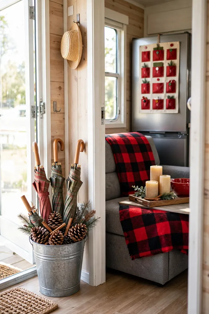 Layer Warm Lighting at Three Heights to Create Depth a Bigger House Can't Fake: Three levels of warm white lights at low, mid and high heights creating depth in mobile home Christmas decor living room