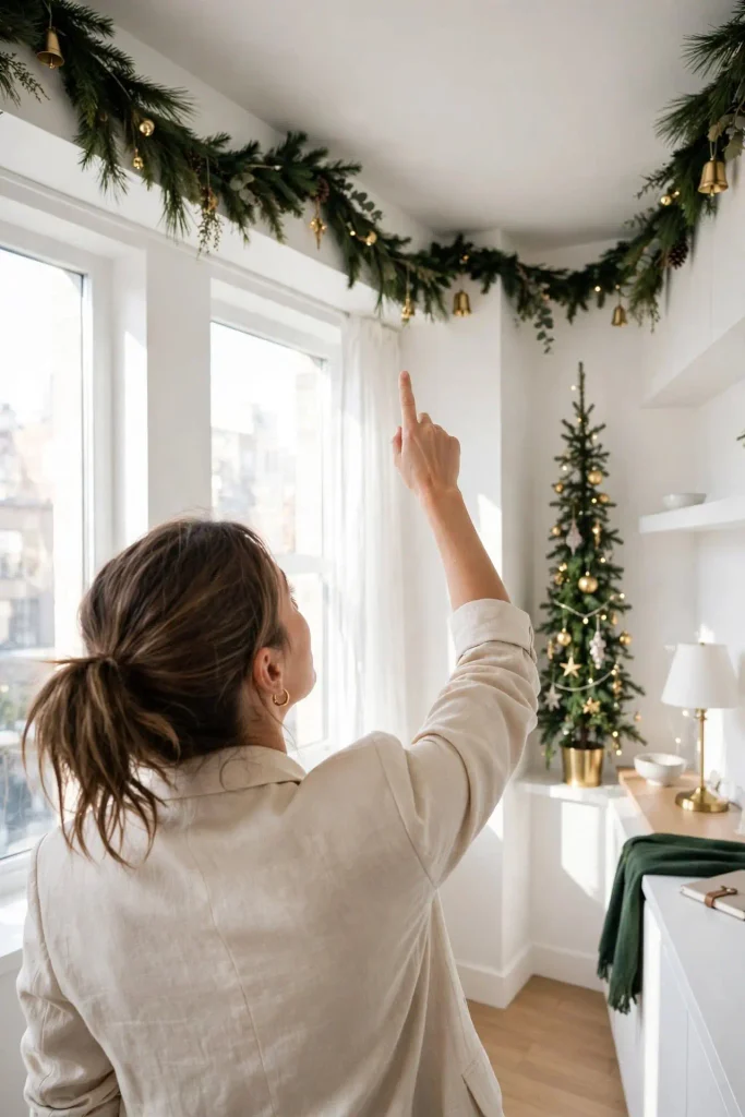 Designer pointing to high garland showing vertical approach for small home Christmas decor
