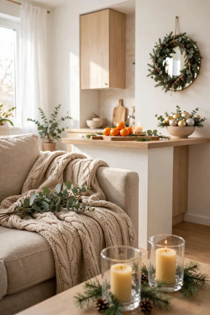 Chunky throw and kitchen board doubled as small home Christmas decor