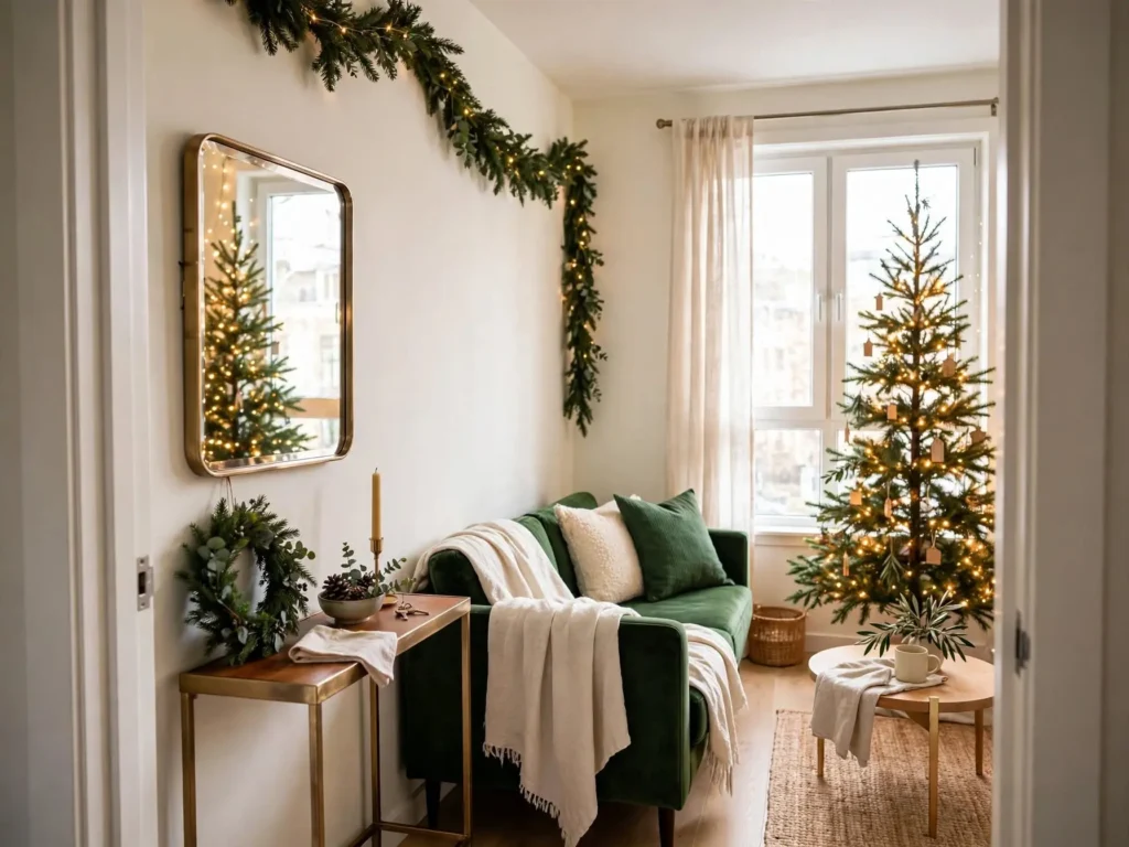 Bright small home christmas decor in tiny apartment with slim tree, garland and mirror