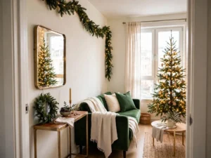 Bright small home christmas decor in tiny apartment with slim tree, garland and mirror