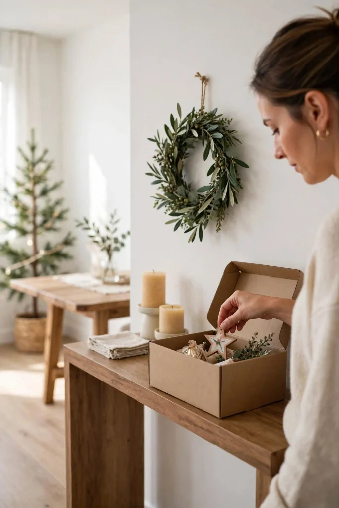 Woman editing decor into box for focused zones in small home Christmas decor