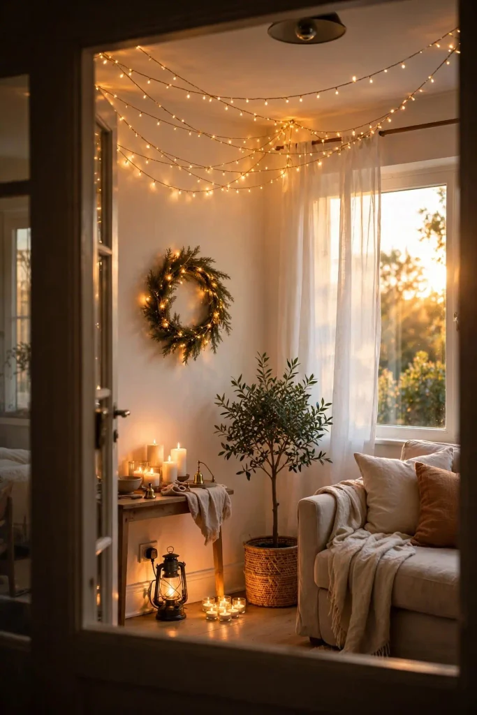Layered warm lighting with fairy lights and candles for small home Christmas decor