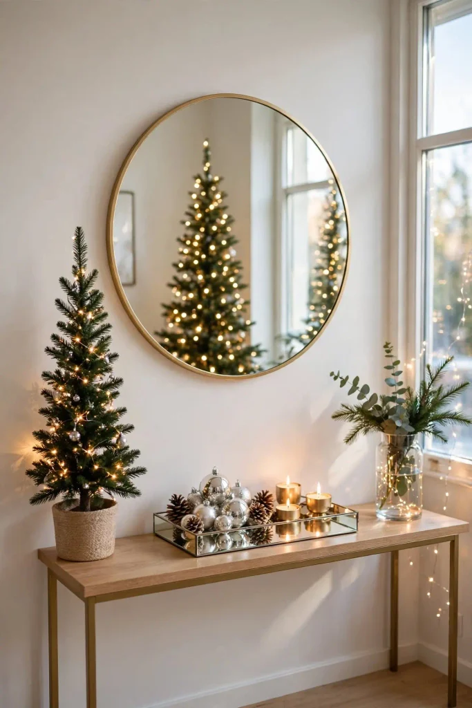 Round mirror doubling Christmas tree lights for small home Christmas decor on console