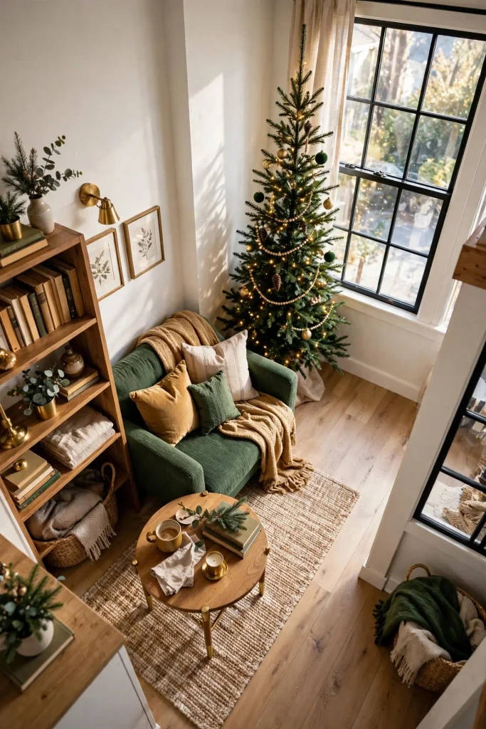 Cozy corner with slim pencil tree for small home Christmas decor in tiny apartment