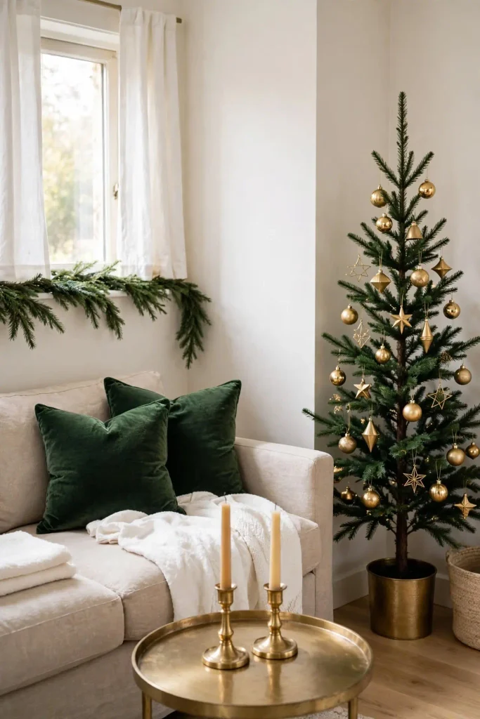 Tight green and brass palette for small home Christmas decor avoiding clutter