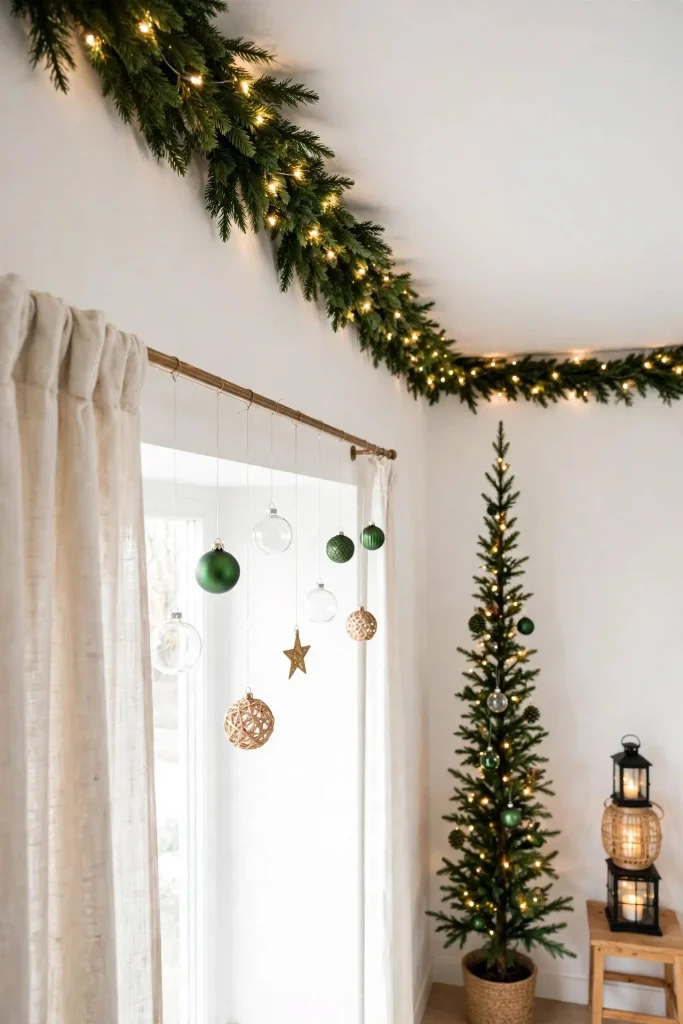 High garland and hanging ornaments using vertical space for small home Christmas decor