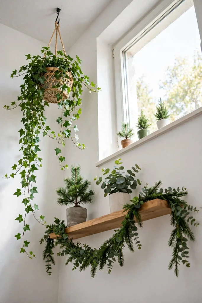 Hanging ivy and wall shelf with potted pine for small home Christmas greenery without floor space