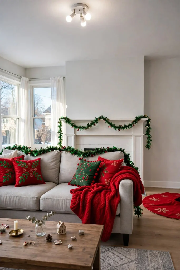 Common mistakes in winter home decor after Christmas showing leftover red green tinsel and sparse small decor