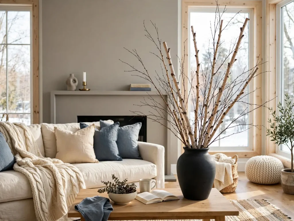 Bright winter home decor after Christmas in a cozy living room with birch branches and neutral textures