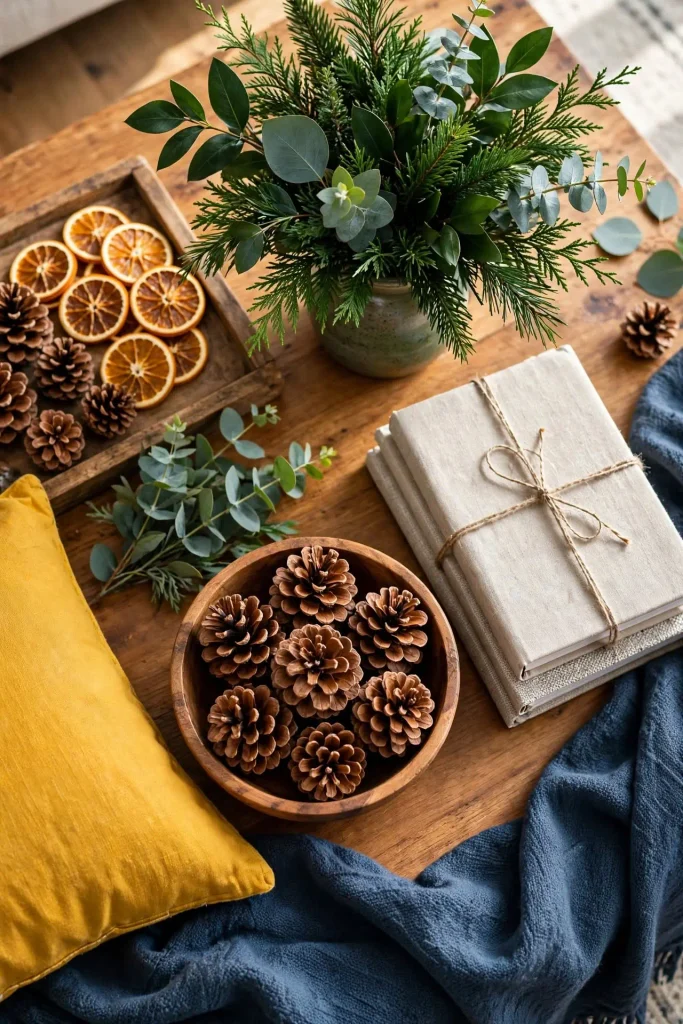 Colorful finishing details for winter home decor after Christmas with orange slices pinecones and linen books