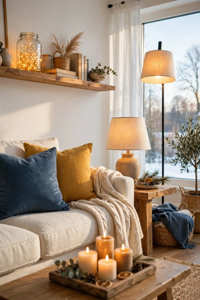 Colorful winter home decor after Christmas with layered warm lighting floor lamp table lamp candles and fairy lights