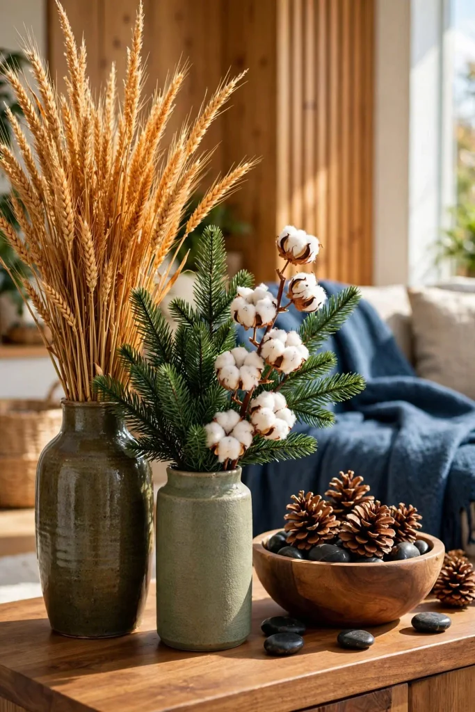 Rich natural winter home decor after Christmas with golden wheat green fir and pinecones in vibrant daylight