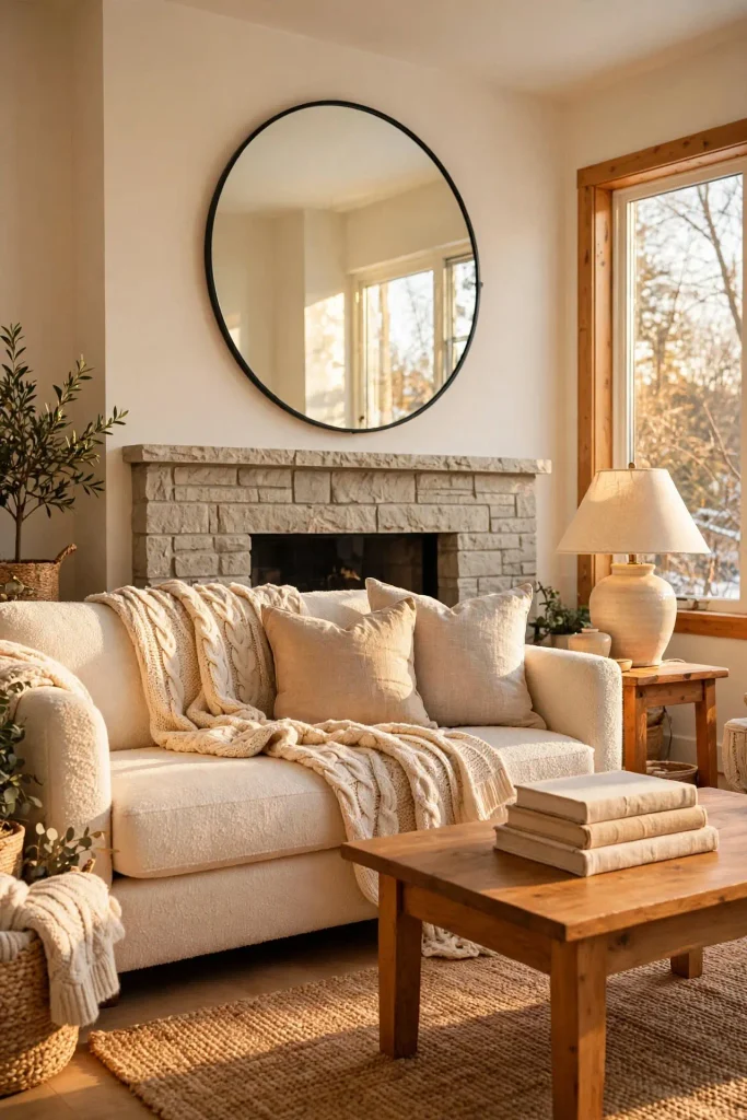 Cozy winter home decor after Christmas with oversized round mirror as single intentional focal point above fireplace