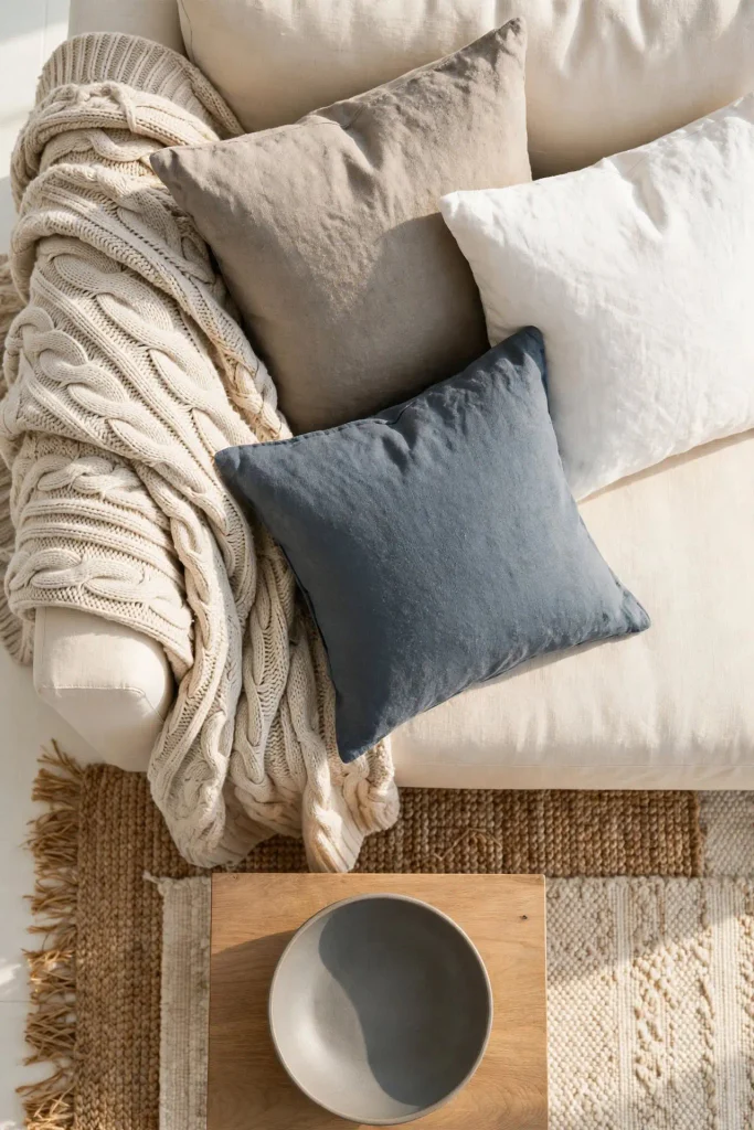 Textured winter home decor after Christmas with chunky knit throw and linen pillows in oatmeal and slate