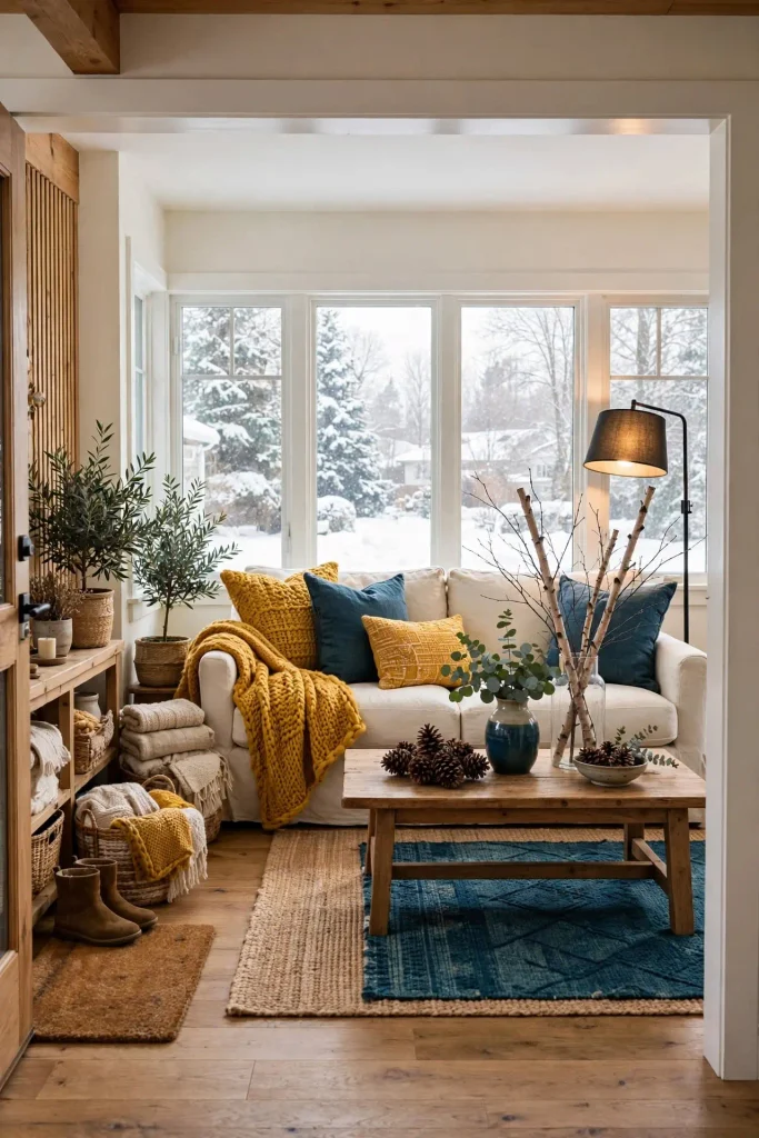 Colorful warm grounded winter home decor after Christmas lasting through February with mustard and blue textiles